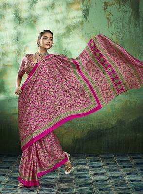 hot pink faux satin printed saree 3
