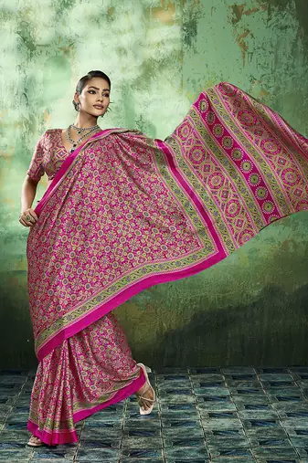 hot pink faux satin printed saree