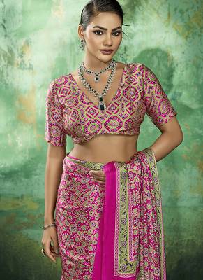 hot pink faux satin printed saree 4