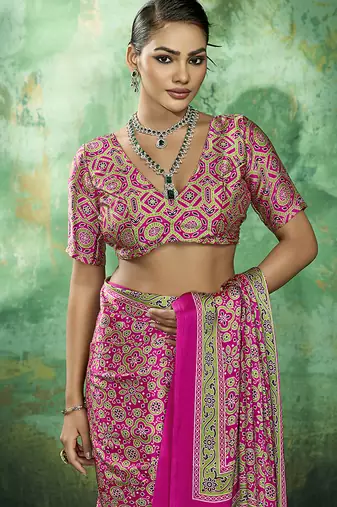 hot pink faux satin printed saree