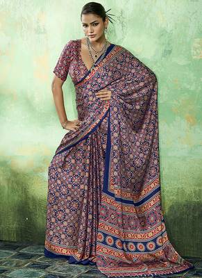 navy blue faux satin printed saree 1