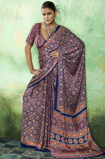 navy blue faux satin printed saree