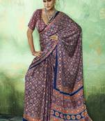 navy blue faux satin printed saree