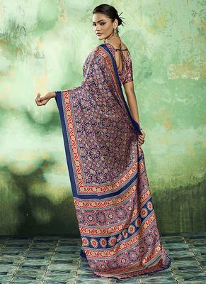 navy blue faux satin printed saree 2