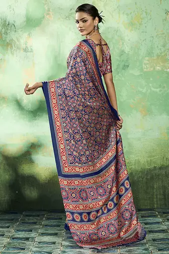 navy blue faux satin printed saree