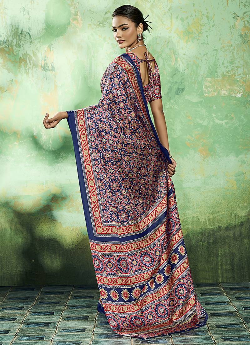 navy blue faux satin printed saree