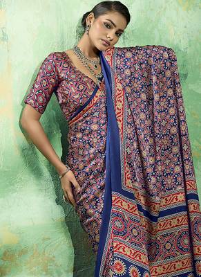 navy blue faux satin printed saree 3