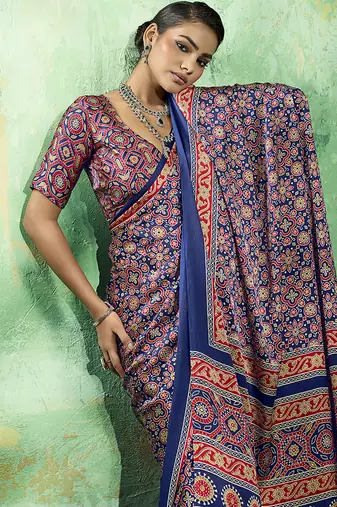 navy blue faux satin printed saree