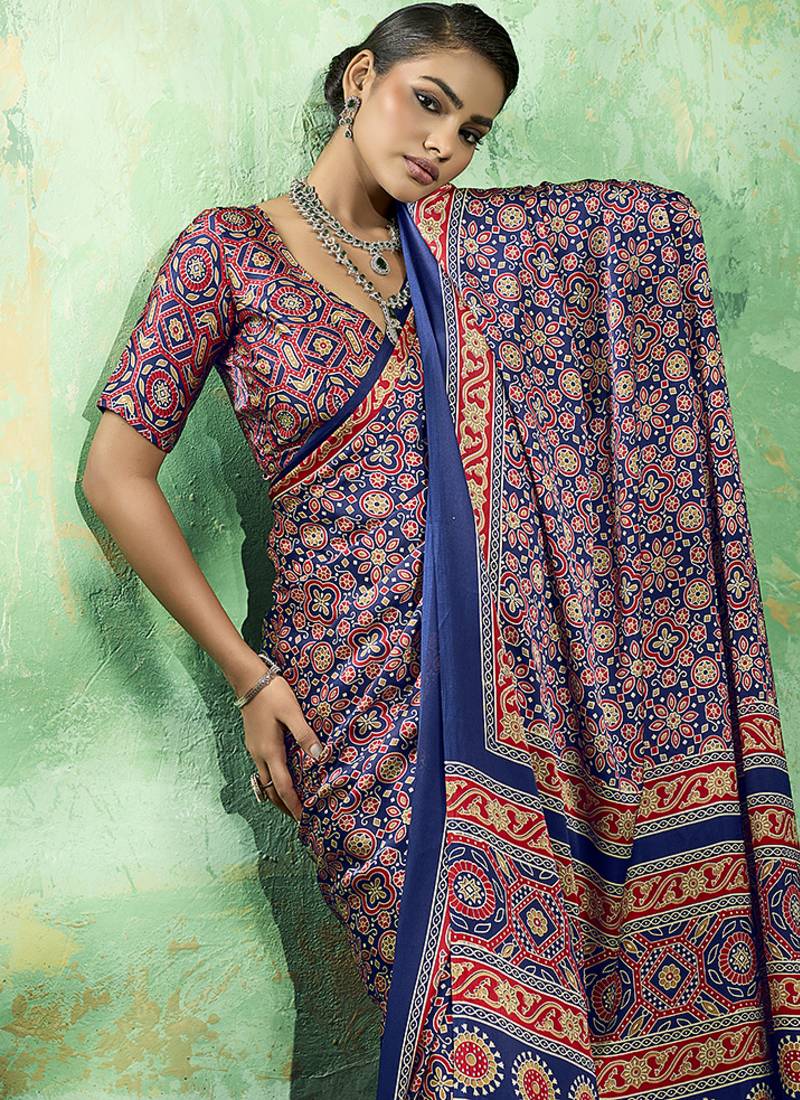 navy blue faux satin printed saree