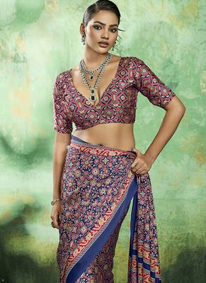navy blue faux satin printed saree 4