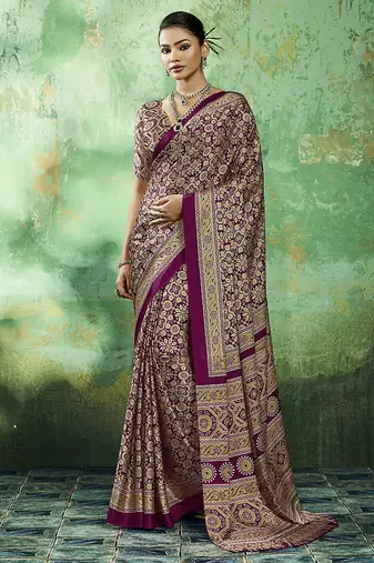 wine faux satin printed saree