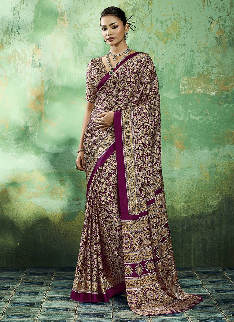 wine faux satin printed saree