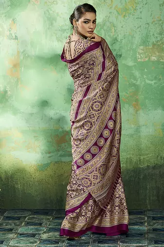 wine faux satin printed saree