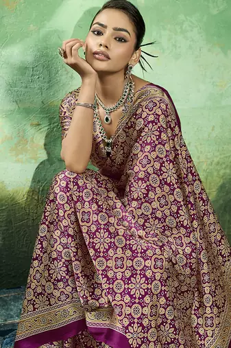 wine faux satin printed saree