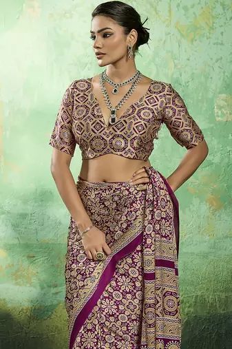 wine faux satin printed saree