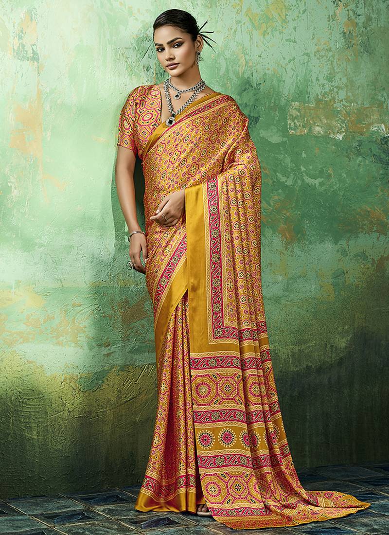 amber faux satin printed saree
