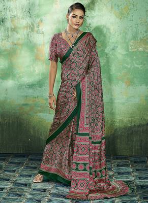green faux satin printed saree 1
