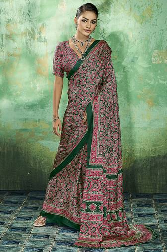 green faux satin printed saree