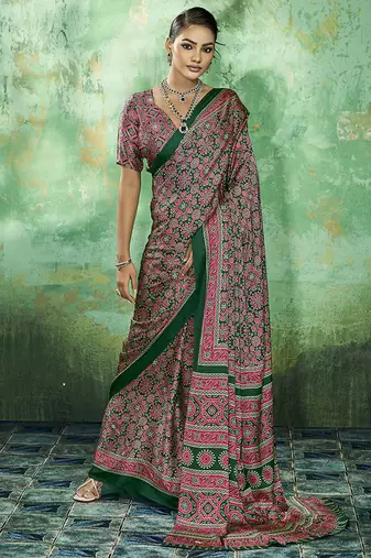 green faux satin printed saree
