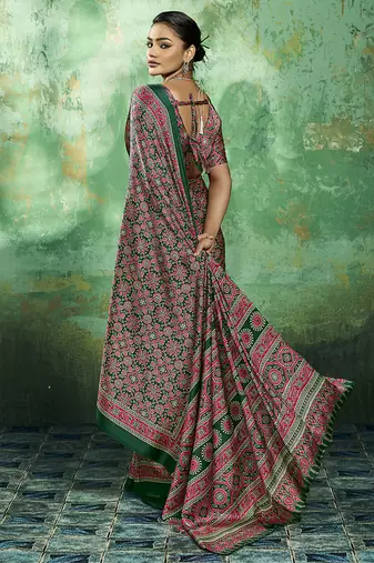 green faux satin printed saree
