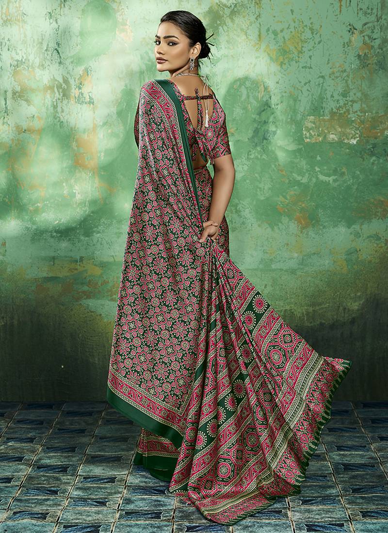 green faux satin printed saree