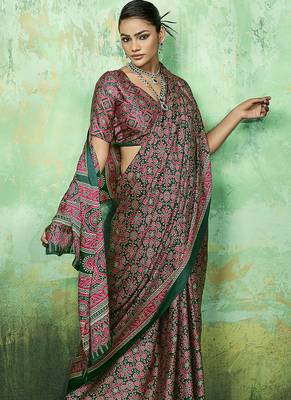green faux satin printed saree 3
