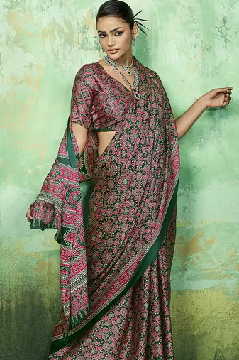 green faux satin printed saree