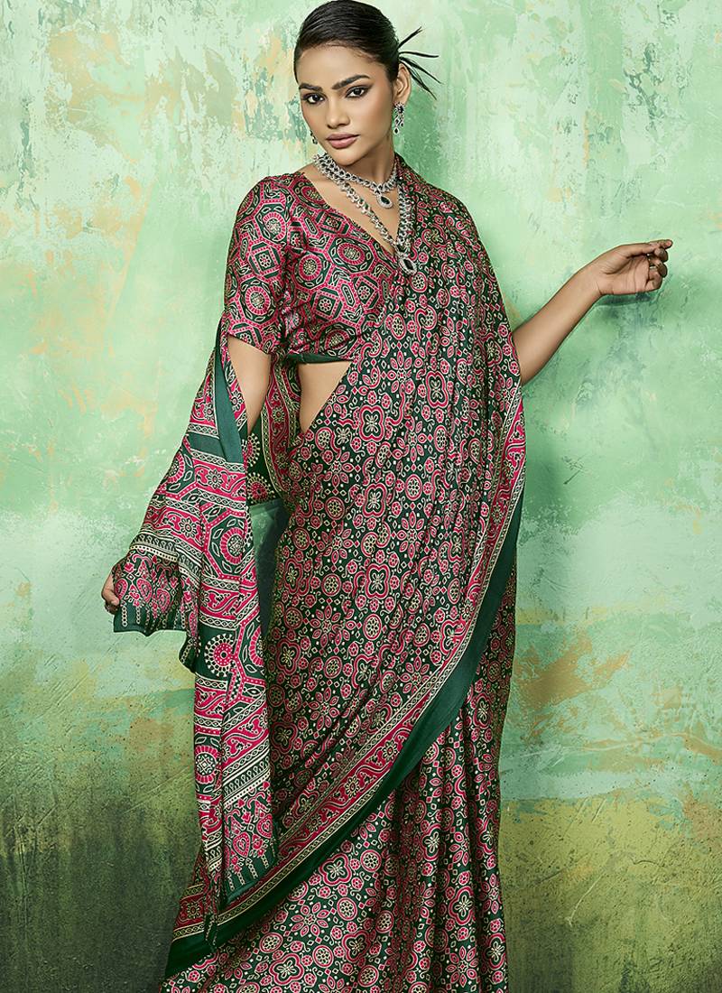 green faux satin printed saree
