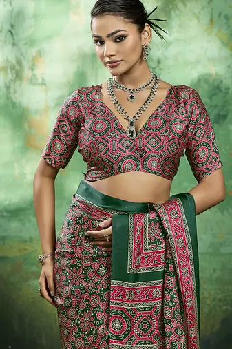 green faux satin printed saree