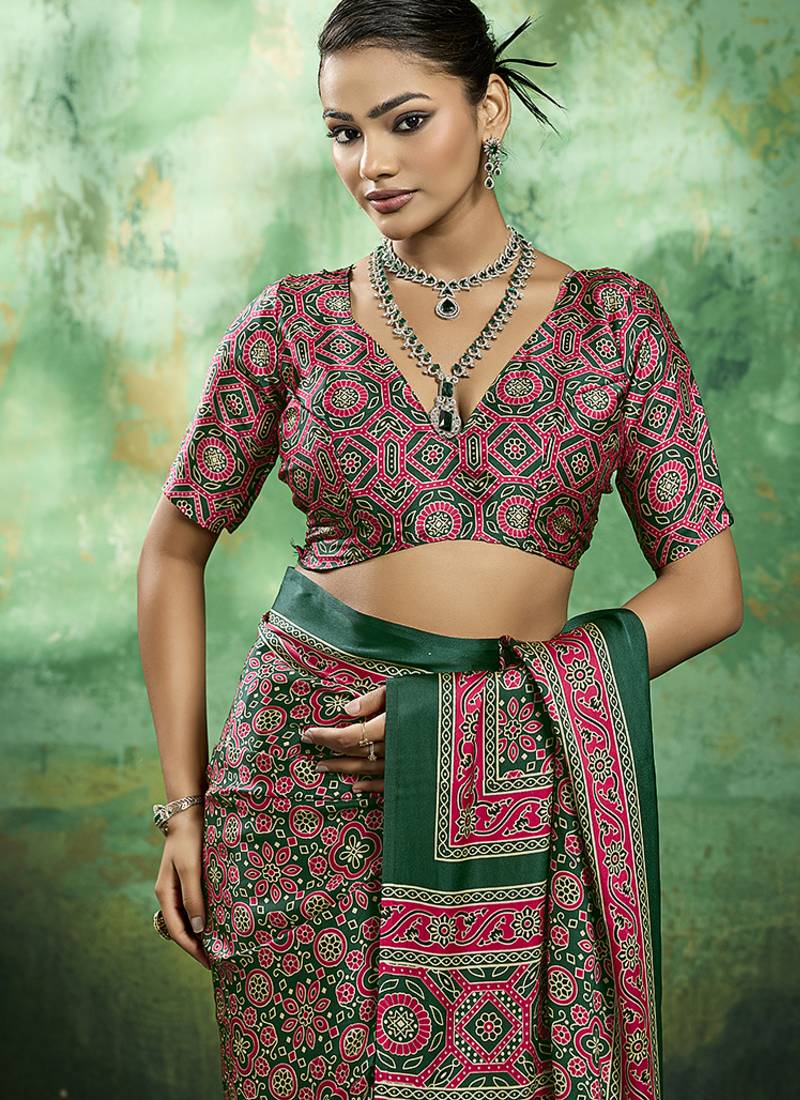green faux satin printed saree