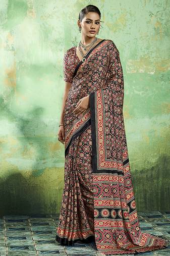 black faux satin printed saree