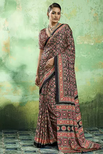 black faux satin printed saree
