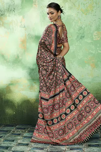 black faux satin printed saree