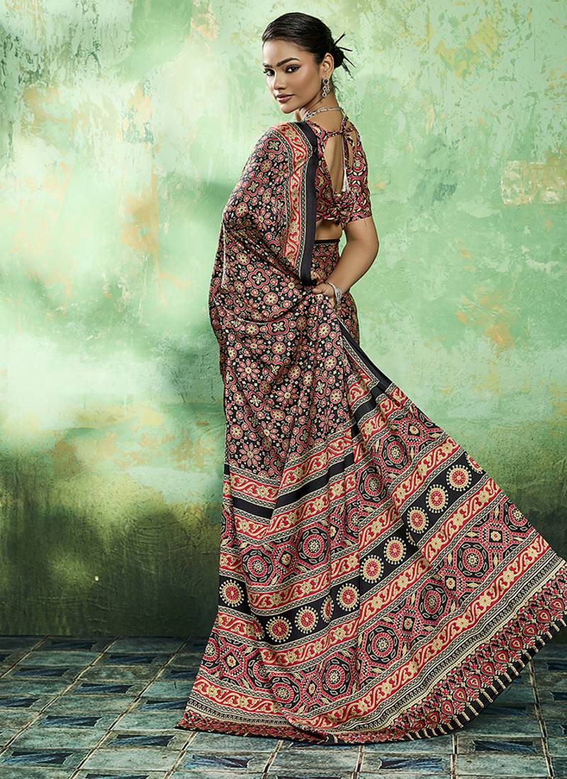 black faux satin printed saree