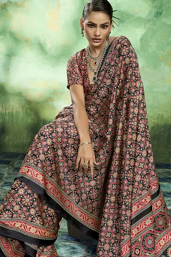 black faux satin printed saree