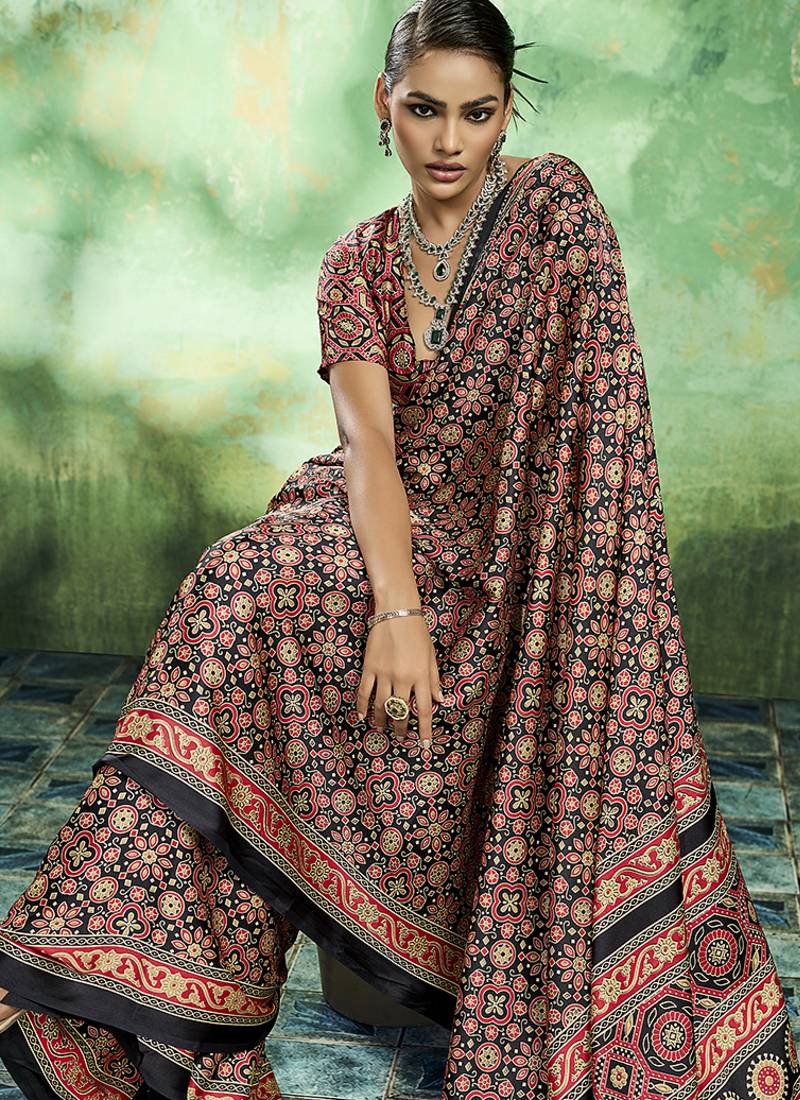 black faux satin printed saree