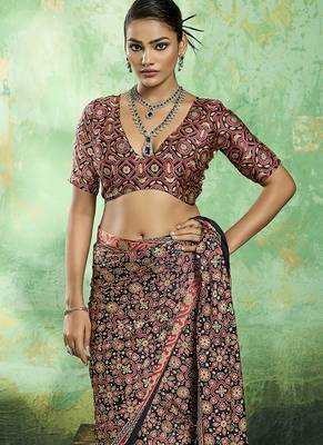 black faux satin printed saree 4