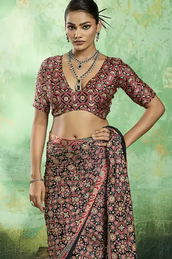 black faux satin printed saree