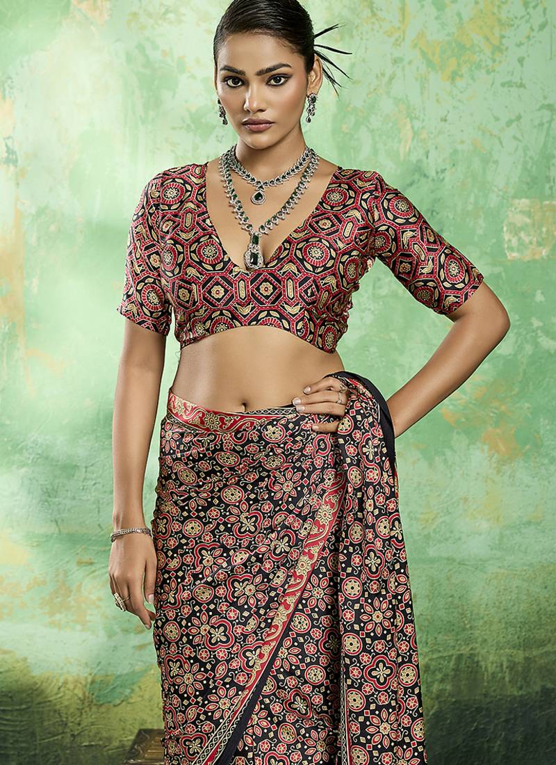 black faux satin printed saree