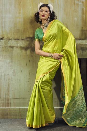 parrot green weaving faux tussar silk blend saree