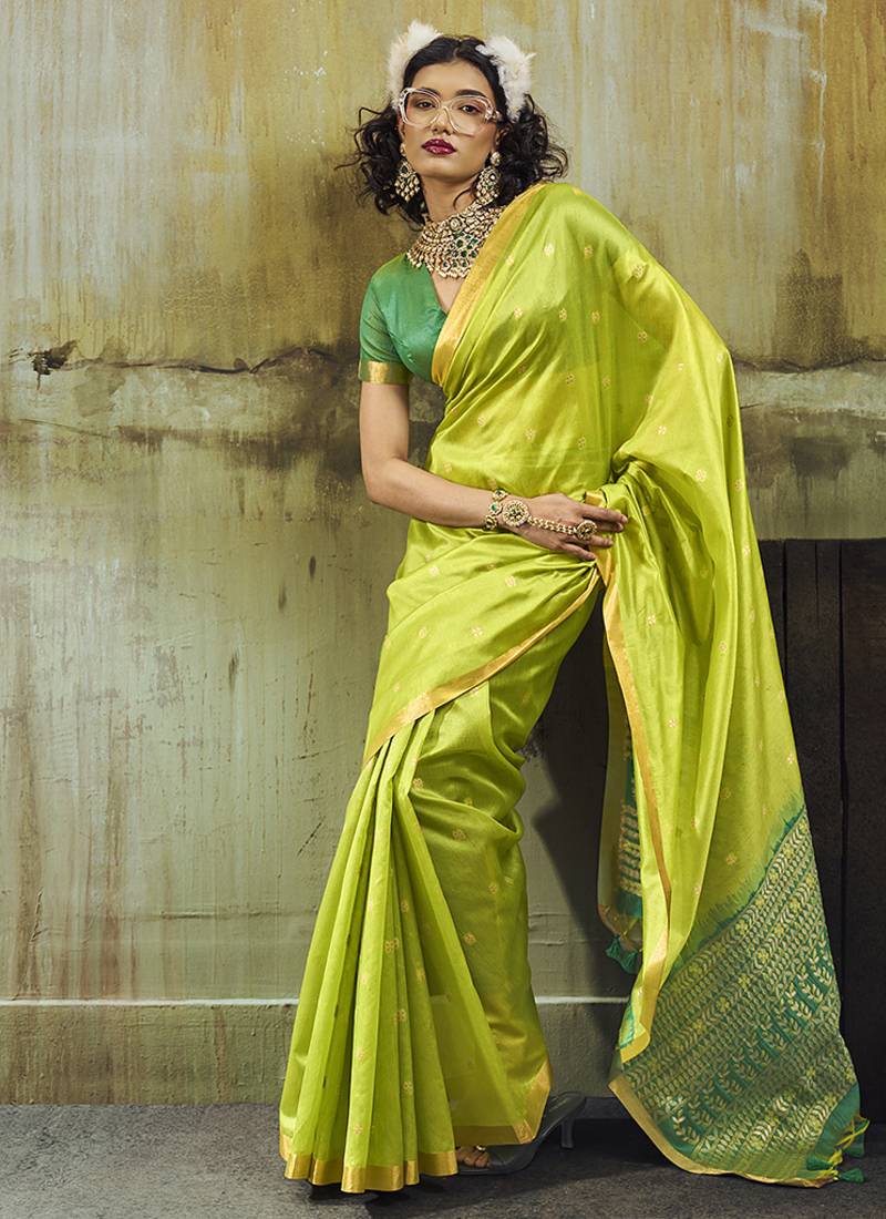 parrot green weaving faux tussar silk blend saree