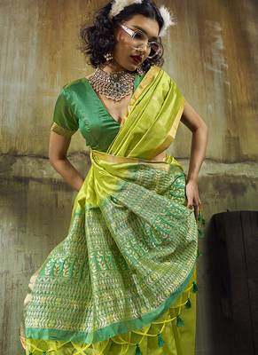 parrot green weaving faux tussar silk blend saree 3