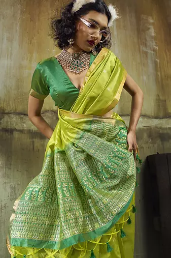 parrot green weaving faux tussar silk blend saree