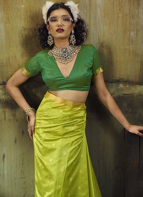 parrot green weaving faux tussar silk blend saree 4