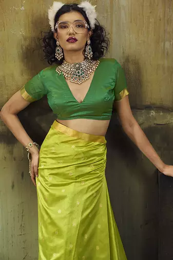 parrot green weaving faux tussar silk blend saree