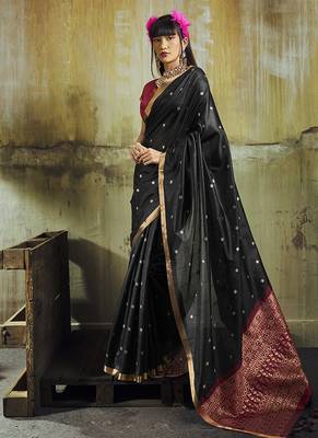 black weaving faux tussar silk blend saree 1