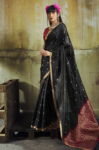 black weaving faux tussar silk blend saree