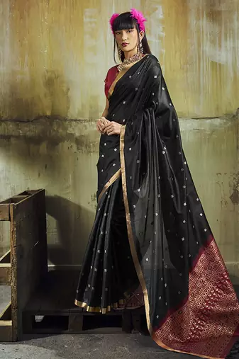 black weaving faux tussar silk blend saree