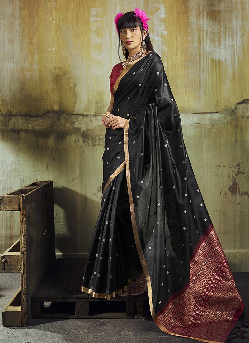 black weaving faux tussar silk blend saree
