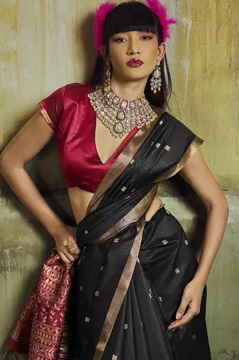 black weaving faux tussar silk blend saree